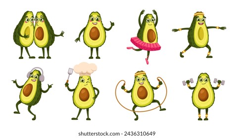 Cartoon avocados mascot characters. Playful avocado figures with fitness poses, chief cook, ballet dancer and kissing pair vector illustration set. Listening to music, exercising with dumbbells