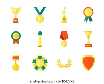 Cartoon Awards Color Icons Set Symbol of Success Sport and Business Competition Flat Style Design. Vector illustration