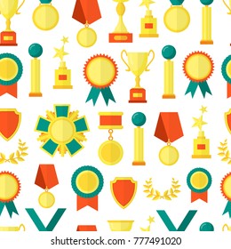 Cartoon Awards Seamless Pattern Background on a White Symbol of Success Sport and Business Competition Flat Style Design. Vector illustration