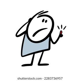 Cartoon awkward master looks at the swollen red finger, which he hit with a hammer. Vector illustration of stickman and pain in the hand.