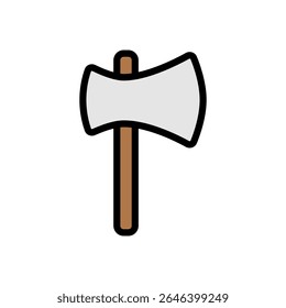 A cartoon axe in colored outline with metallic blade and wood grip. Ideal for quest items, adventure icons, and medieval warriors.