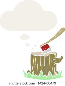cartoon axe in tree stump with thought bubble in retro style