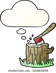 cartoon axe in tree stump with thought bubble in smooth gradient style