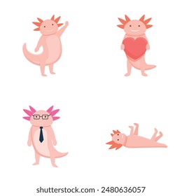 Cartoon axolotl Icons setzen Cartoon-Vektorgrafik. Nette rosa Cartoon Axolotl. Lustiges Tier, Amphibien