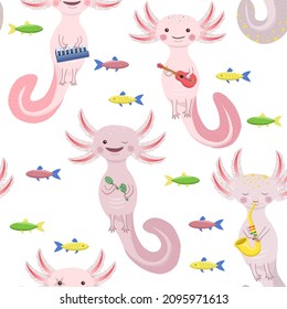 Cartoon axolotls play musical instruments. Children's character pattern. Musical band of animals. Ukulele, maracas, saxophone, synthesizer. Seamless background.