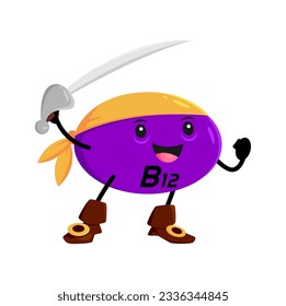 Cartoon B12 vitamin cyanocobalamin micronutrient pirate or corsair character. Isolated vector happy energetic pill personage in filibuster outfit complete with bandana and cheerful fun expression