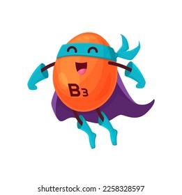 Cartoon B3 vitamin superhero character. Vector flying niacin micronutrient defender, Multivitamin bubble comics book personage wear cape and mask. Pill or capsule supplement, fantasy super hero ball