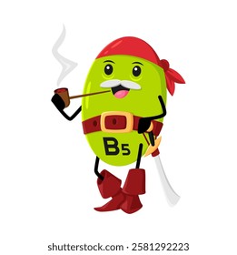 Cartoon B5 vitamin, Pantothenic Acid micronutrient pirate or corsair character smoking pipe. Medical pill in filibuster sailor attire. Isolated vector old picaroon capsule in playful buccaneer costume