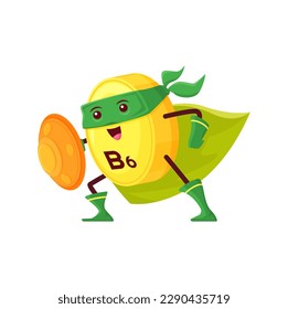 Cartoon B6 vitamin superhero character. Vector pyridoxine micronutrient defender with shield. Guard comics book personage wear cape and mask. Pill or capsule supplement, fantasy super hero bubble