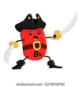 Cartoon B9 folic acid vitamin and micronutrient pirate or corsair character. Isolated vector capsule with sabers dressed in fun buccaneer costume hat, boots and belt ready to swashbuckling adventure