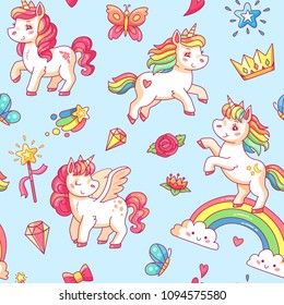 Cartoon babe pony sketch cute pastel background. Miracle sweet dreams with magic colorful pink fancy fairytale unicorn, clouds and rainbow vector seamless pattern poster illustration