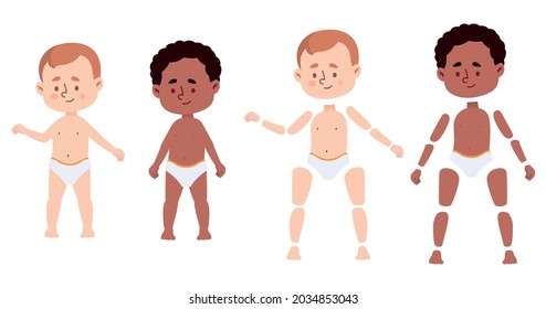 Cartoon babies from 1 to 2 years old, ready for animation. Light-skinned and dark-skinned babies