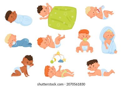 Cartoon babies, cute newborn infants, happy toddlers. Baby boys and girls characters in diapers drinking milk crawling or sleeping vector set. Kids smiling, drinking milk and playing with toys