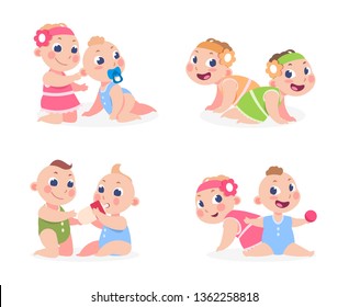 Cartoon Babies. Funny Newborn Boy And Girl Sitting Together, Cute Twins Sister And Brother. Vector Happy Twin Children Template