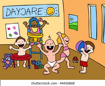 Cartoon Of Babies Playing In A Daycare Center Setting.