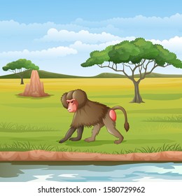Cartoon baboon in the savannah