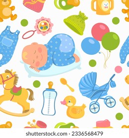 Cartoon baby accessories seamless pattern. Nursery objects. Sleeping cute newborn toddler in romper. Toys and clothing. Infants stroller. Milk feeding bottle. Splendid