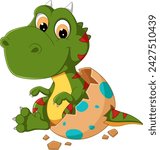 Cartoon baby Allosaurus hatching from egg of illustration