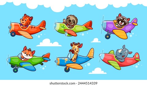 Cartoon baby animal characters on planes. Tiger and sloth, raccoon and fox, rhino and giraffe animal kid airplane pilots at cloudy sky. Vector personages for baby shower cards or books illustration