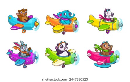 Dibujos animados de personajes de animales bebés en aviones, panda y cebra, pilotos de elefantes y conejos, juguetes de Vector. Animales de oso y mono en avión, niños divertidos personajes del zoológico aviadores volando en aviones de hélice