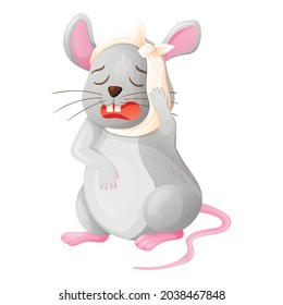 Cartoon baby animal vector illustration. A sad crying mouse with a bandage on its head suffers from a pain in a tooth.