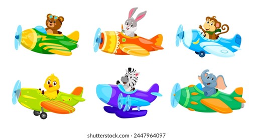 Cartoon baby animals characters on planes. Animal kid airplane pilots vector personages of cute monkey, bear and bunny. Funny elephant, duck and zebra flying on retro aircraft with aviator goggles