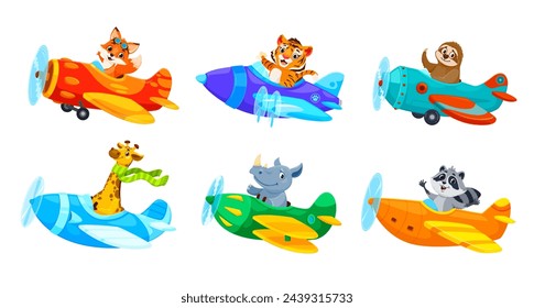 Cartoon baby animals on planes, pilot characters, hippo and giraffe, tiger and sloth, vector zoo. Raccoon and fox animals or kids airplane pilots, funny characters aviators flying in propeller planes