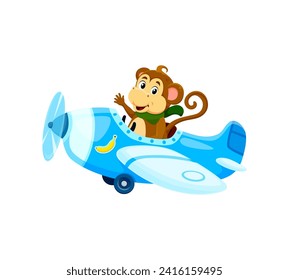 Cartoon baby ape animal character on plane. Animal kid airplane pilot. Isolated vector cute monkey joyfully soars through the sky on a whimsical biplane, waving the paw with a wide grin on its face