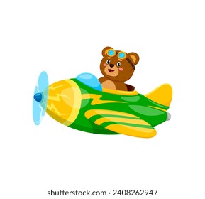 Caricatura de un bebé oso personaje animal en un avión. El piloto de aviones para niños animales navega por los cielos con un espíritu aventurero listo para una aventura de alto vuelo. Personaje personalizado para juego, libro o tarjeta de ducha de bebé