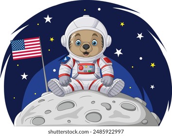 Cartoon baby bear astronaut sitting on the moon