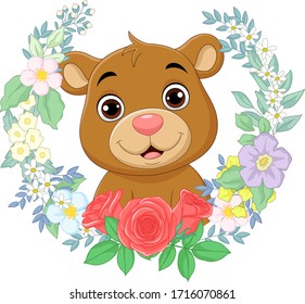 Cartoon baby bear with flowers background