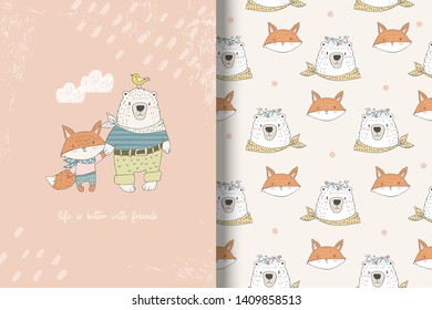 Cartoon baby bear with fox best friends kids poster and seamless background pattern. Cute forest animals shirt print design vector illustration