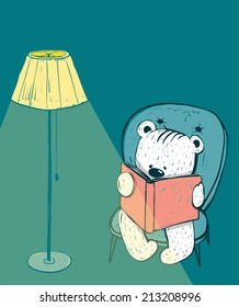 Cartoon Baby Bear Reading a Book. Hand drawn childish bear reading. Vector illustration.