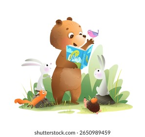 Cartoon baby bear reading a fairy tale book to animals in forest. Cute forest animals listening to bear reading story book, cartoon for kids. Vector storytelling illustration for children education.