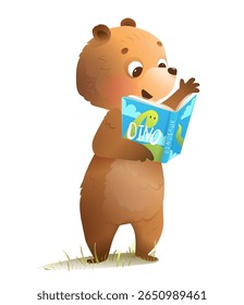 O urso de desenhos animados lê um livro de contos de fadas ou um estudo. Bela floresta urso animal para crianças, ilustração educacional. Ilustração vetorial para crianças, estudantes e aprendizado e literatura no jardim de infância.