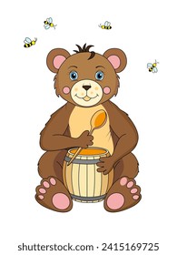 Cartoon baby bear sitting and eating honey from the pot