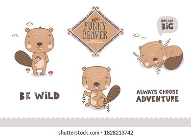 Cartoon baby beaver characters collection. Cute animal icons isolated on white set. Hand drawn shirt print template vector illustration.