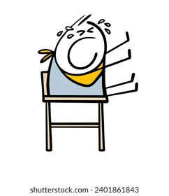 Cartoon baby with a bib sits on a high chair, waves his arms and refuses to eat. Vector illustration of stick figure moody child crying and yelling. Isolated caricature boy on white background.