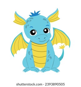 Cartoon baby blue dragon sitting. Fantasy character vector illustration