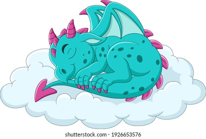 Cartoon baby blue dragon sleeping on a cloud