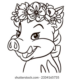 Cartoon baby boar in floral crown. Cute baby animal nursery print