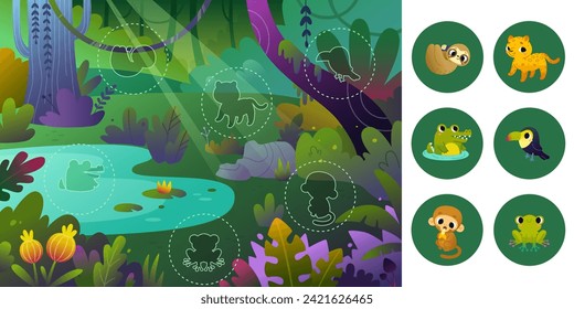 Cartoon baby board game with jungle animals. Cute vector game set with rainforest exotic animals.