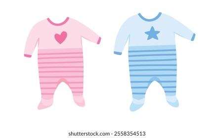 Cartoon baby bodysuit with a heart. Bodysuit clipart in different colors. Baby clothing vector in cartoon style. Baby element, baby shower flat vector isolated on white background. 