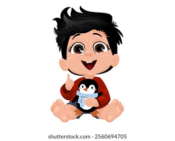 Cartoon baby boy with black hair sitting and holding a stuffed penguin toy. Digital illustration in cartoon style isolated on white background. Child and winter animal concept