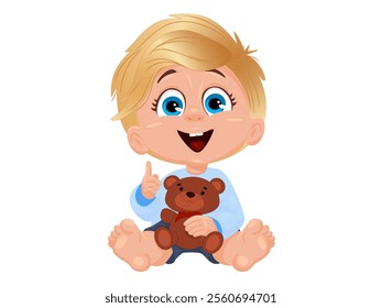 Cartoon baby boy with blonde hair sitting and holding a brown stuffed teddy bear. Digital illustration in cartoon style isolated on white background. Child and toy concep