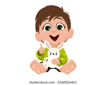 Cartoon baby boy with brown hair sitting and holding a white stuffed bunny. Digital illustration in cartoon style isolated on white background. Child and toy concept