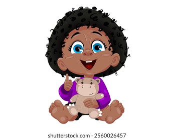 Cartoon baby boy with curly black hair sitting and holding a stuffed hippo toy. Digital illustration in cartoon style isolated on white background. Child and animal toy