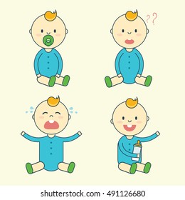 Cartoon baby boy emotion set. Newborn child or infant emoticon. Offspring or toddler with pacifier and milk bottle sitting, smiling, crying, laughing and puzzled. Flat vector illustration