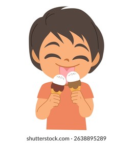 Cartoon of a baby boy enjoying ice cream. Clip art for summer designs, children’s themes and sweet food visuals