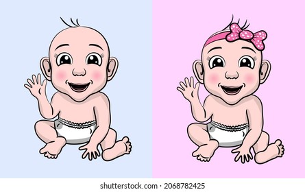 cartoon baby boy and girl, cute and cute vector baby. illustration of baby boy and girl sitting with cheerful expressions